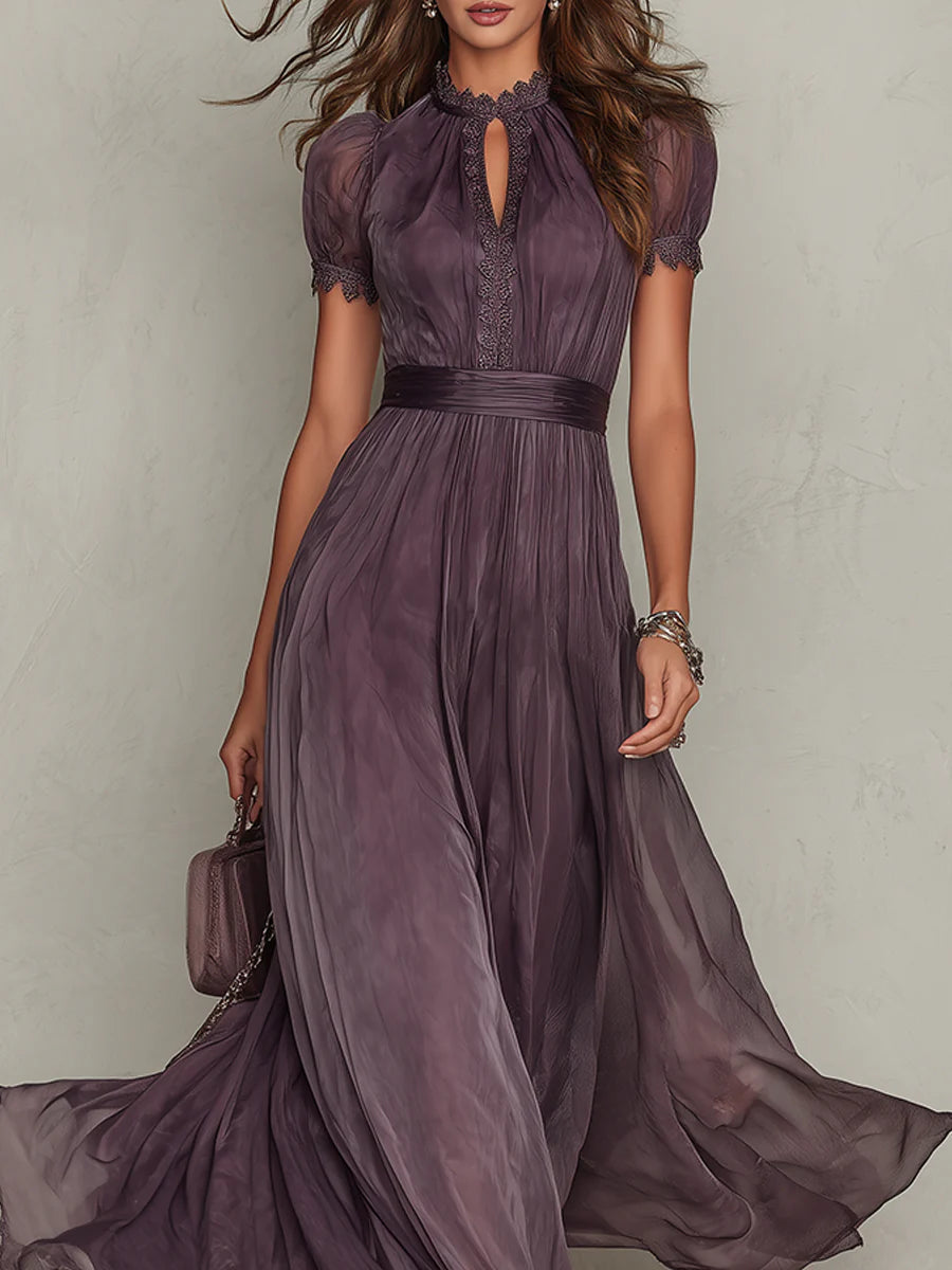 Flavia - Vestido Largo Morado de Gasa con Encaje