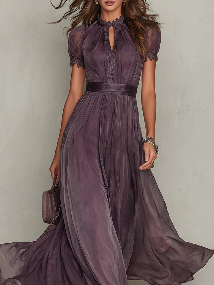 Flavia - Vestido Largo Morado de Gasa con Encaje