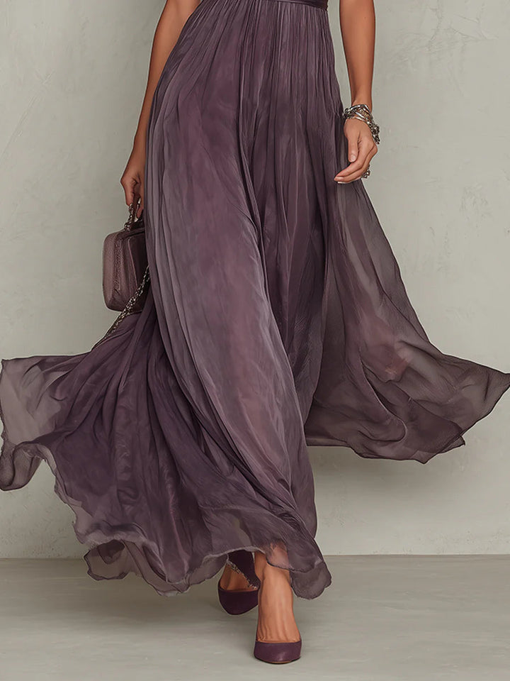 Flavia - Vestido Largo Morado de Gasa con Encaje