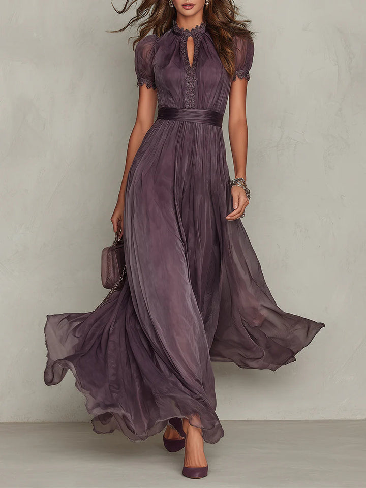 Flavia - Vestido Largo Morado de Gasa con Encaje