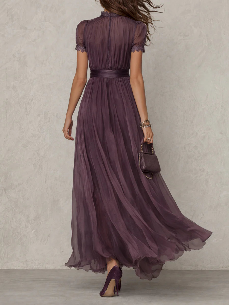 Flavia - Vestido Largo Morado de Gasa con Encaje
